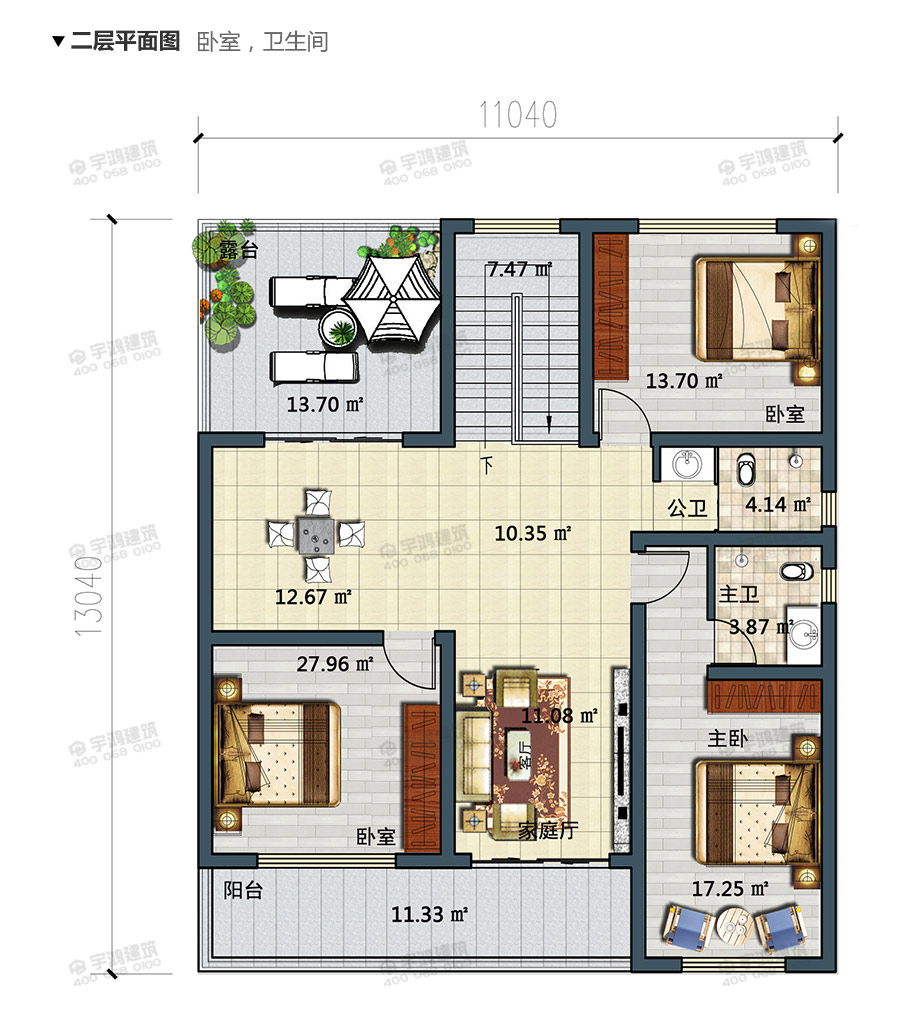 11x13米現(xiàn)代風格農村二層小別墅設計圖